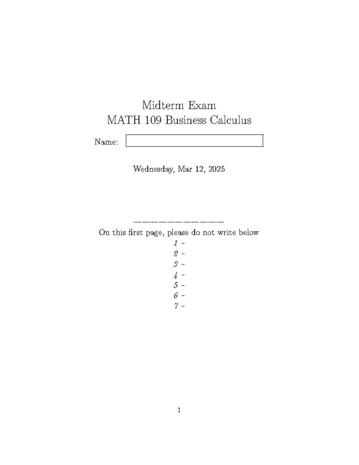 Midterm Exam Review Solutions for MATH 109 Business Calculus - Studocu