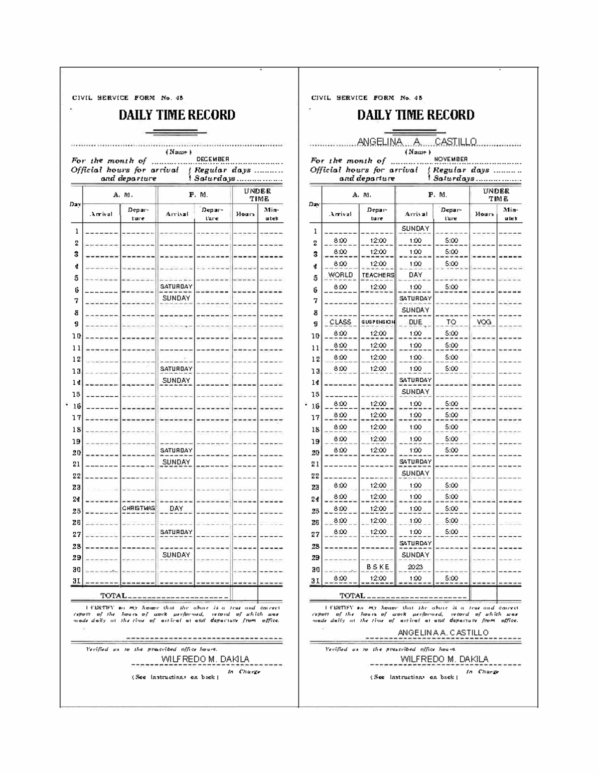 DTR Form No. 48 - Daily Time Record for December 2025 - Studocu