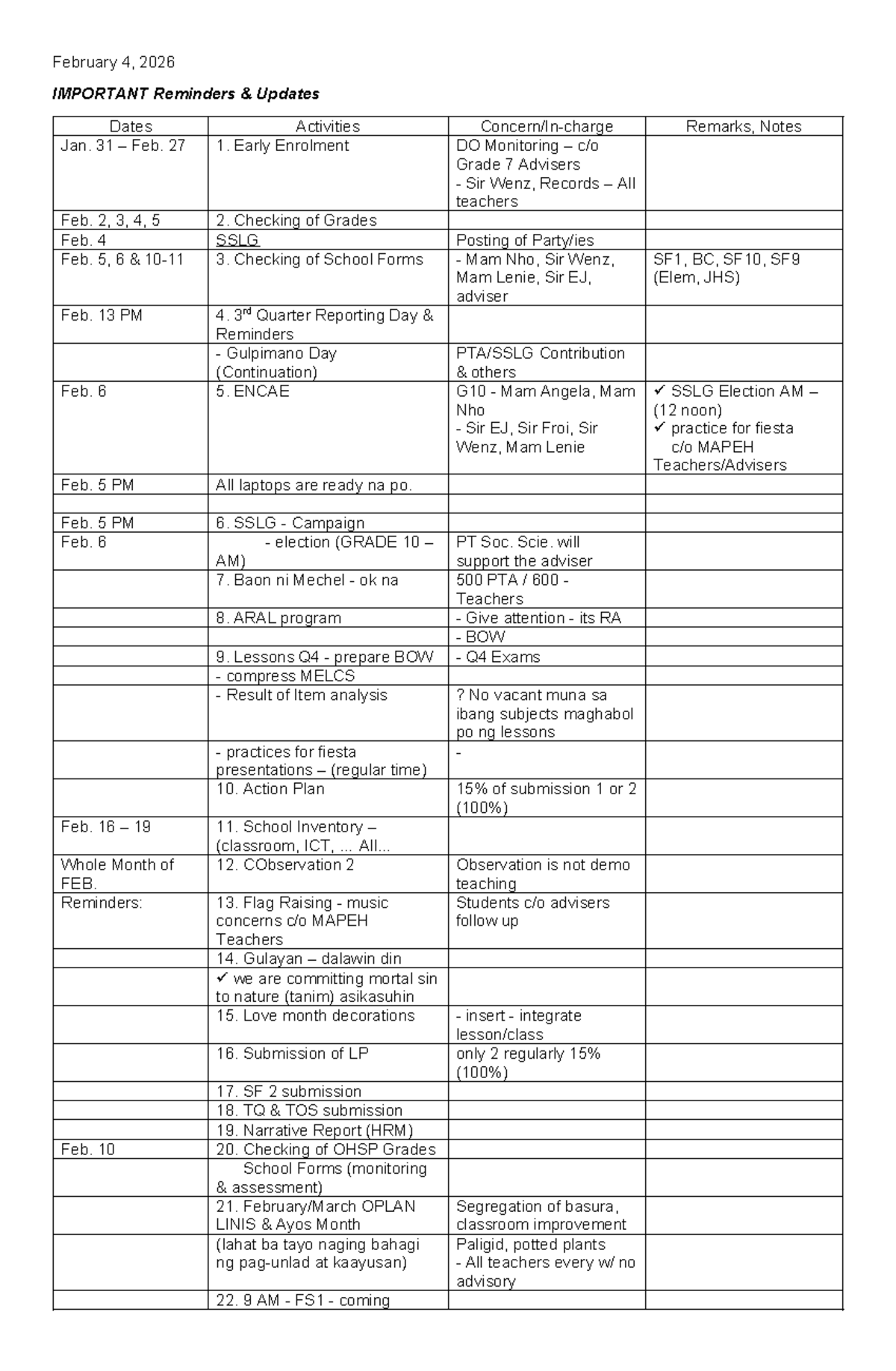 February 2026 Important Reminders & Updates for Activities - Studocu