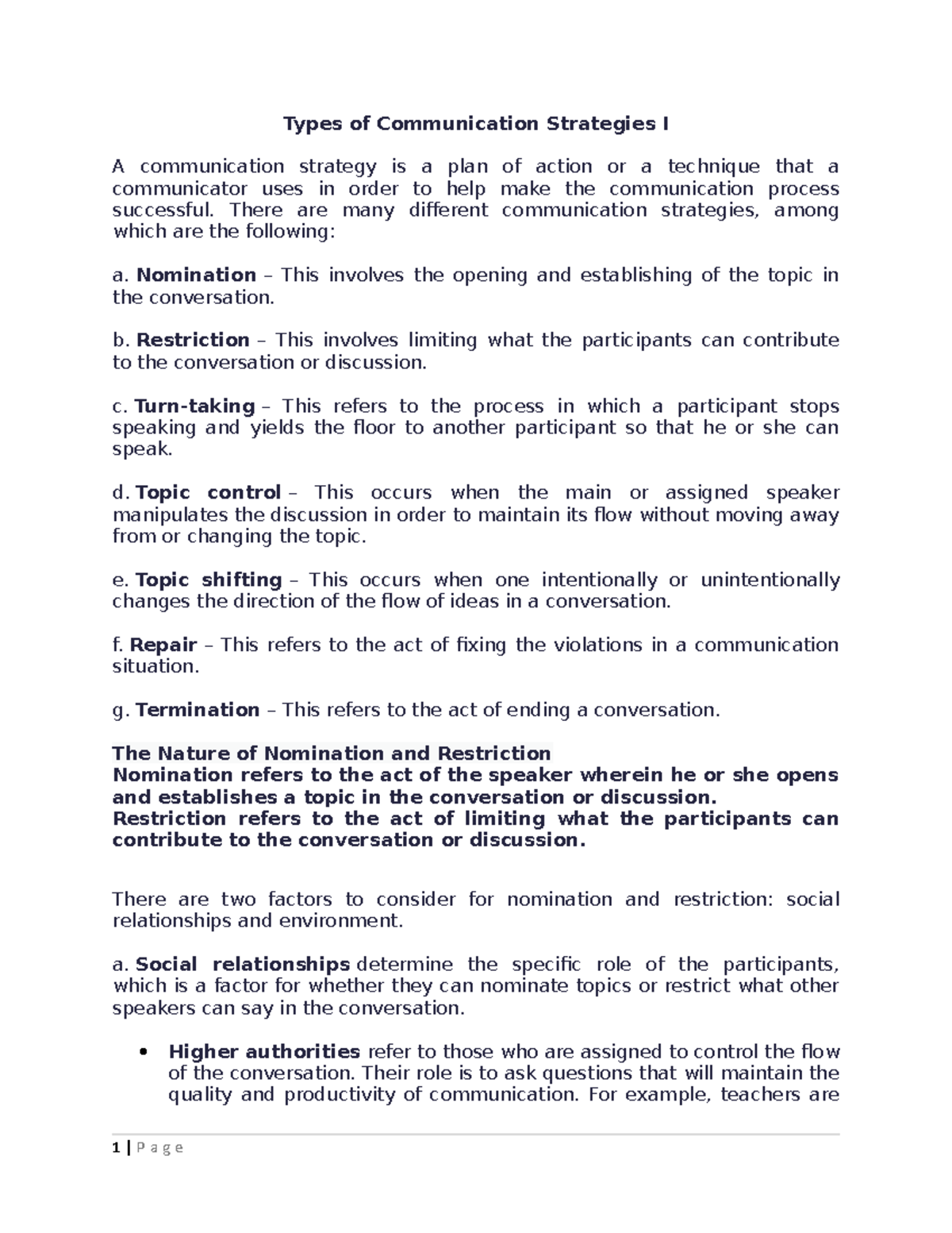 Understanding Communication Strategies I: Nominations & Restrictions ...