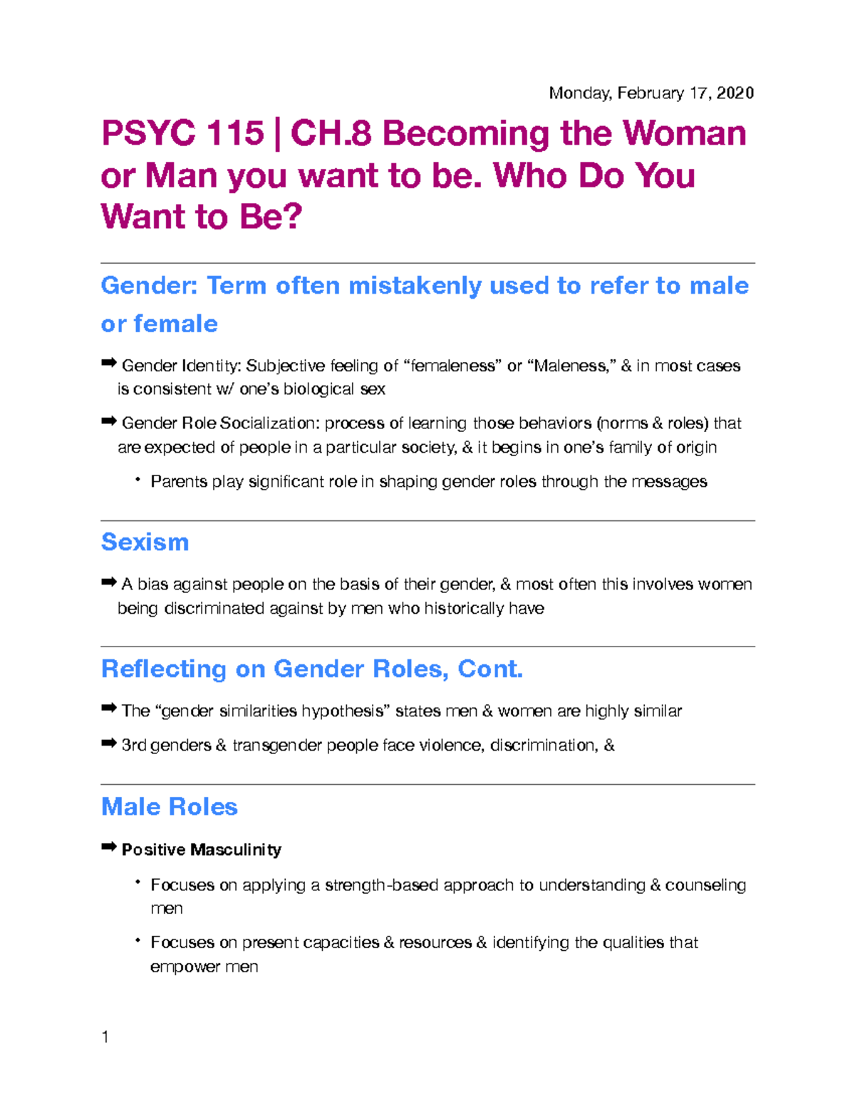 PSYC 115 - CH.8 In-Class Notes on Gender Identity and Roles - Studocu