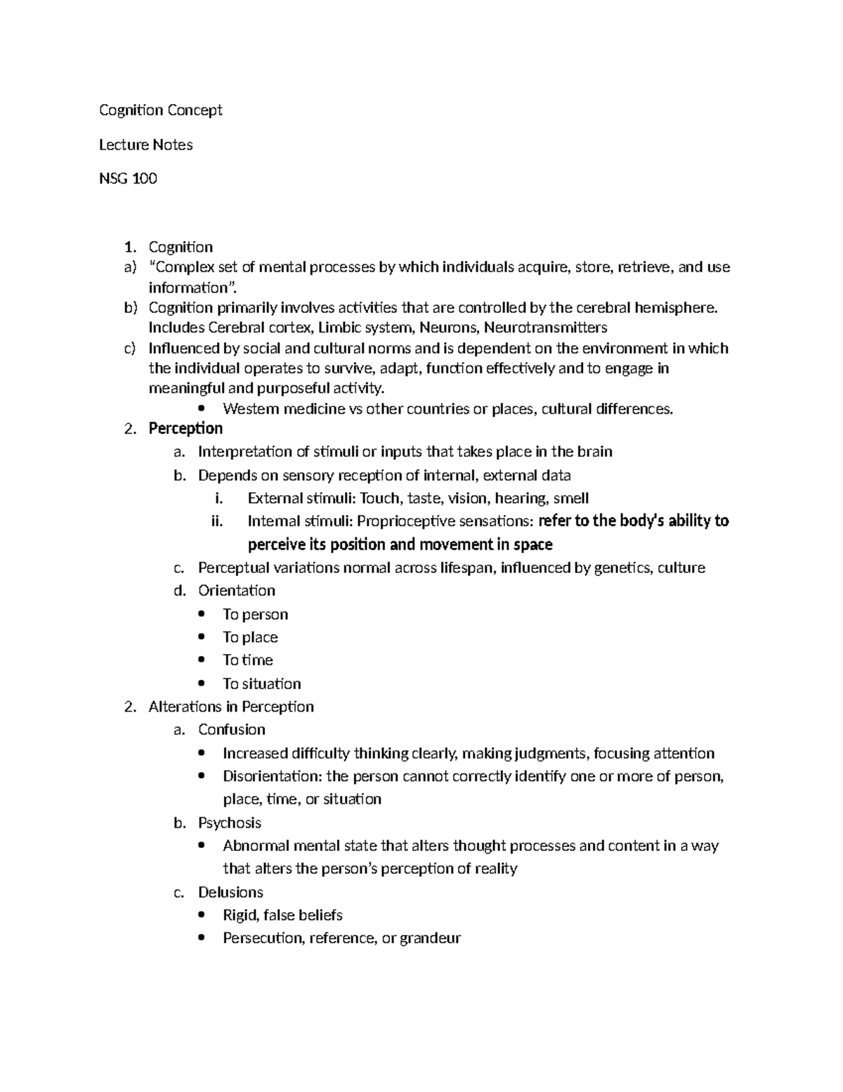 Cognition and Neurocognitive Disorders Lecture Notes NSG 100 - Studocu