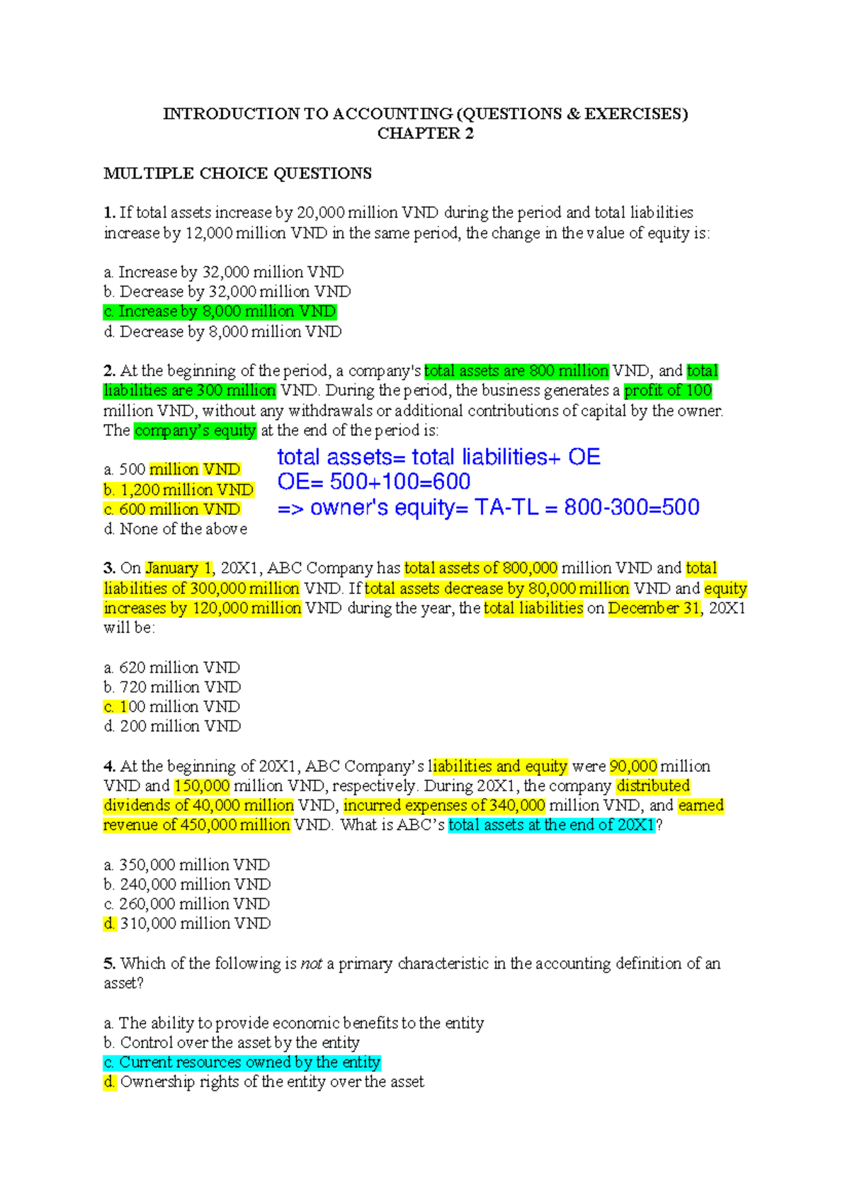 INTRODUCTION TO ACCOUNTING (NMKT) CHAPTER 2 MULTIPLE CHOICE & EXERCISES ...