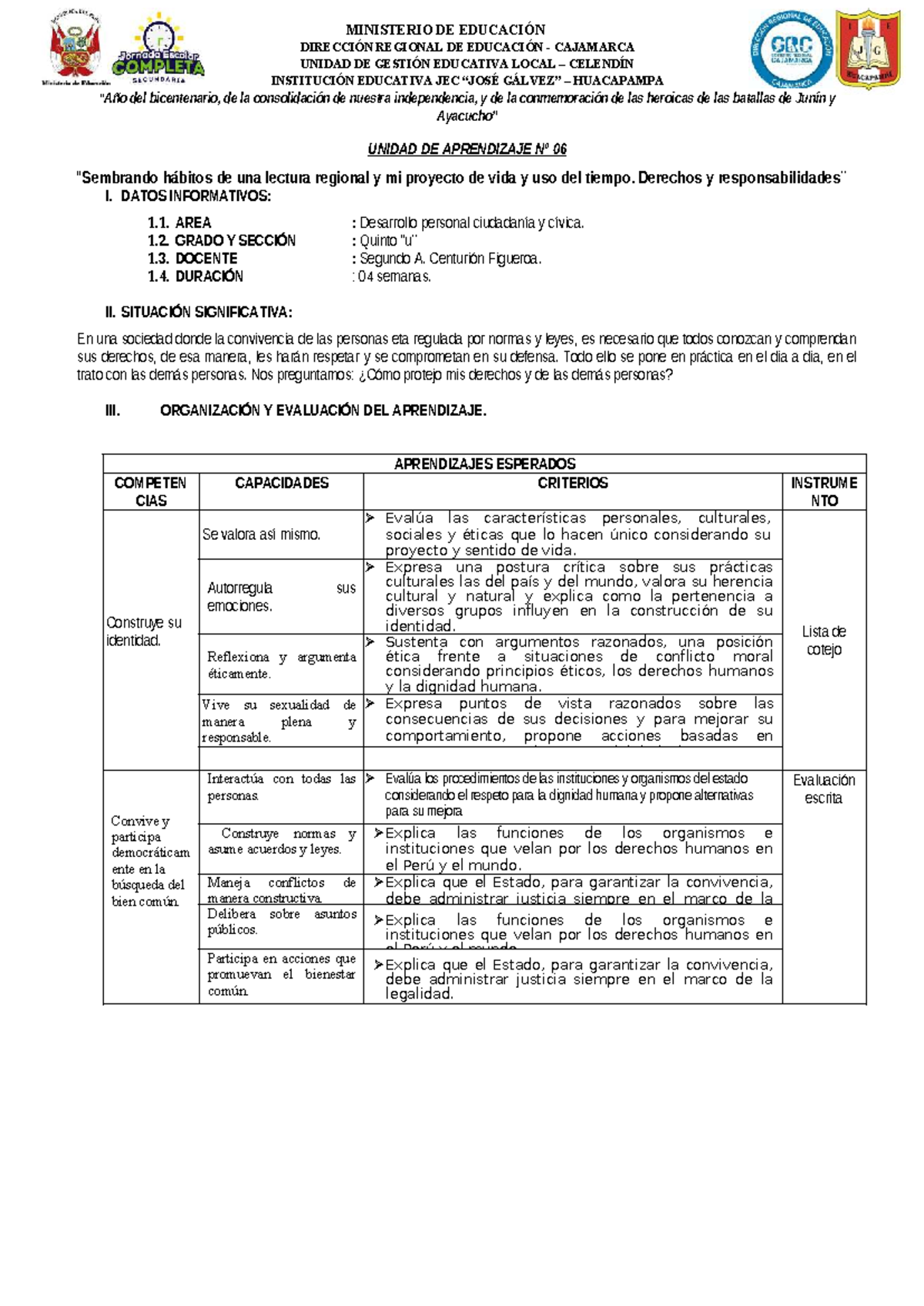 Unidad de Aprendizaje Nº 06: Proyecto de Vida y Derechos Humanos - 5 ...