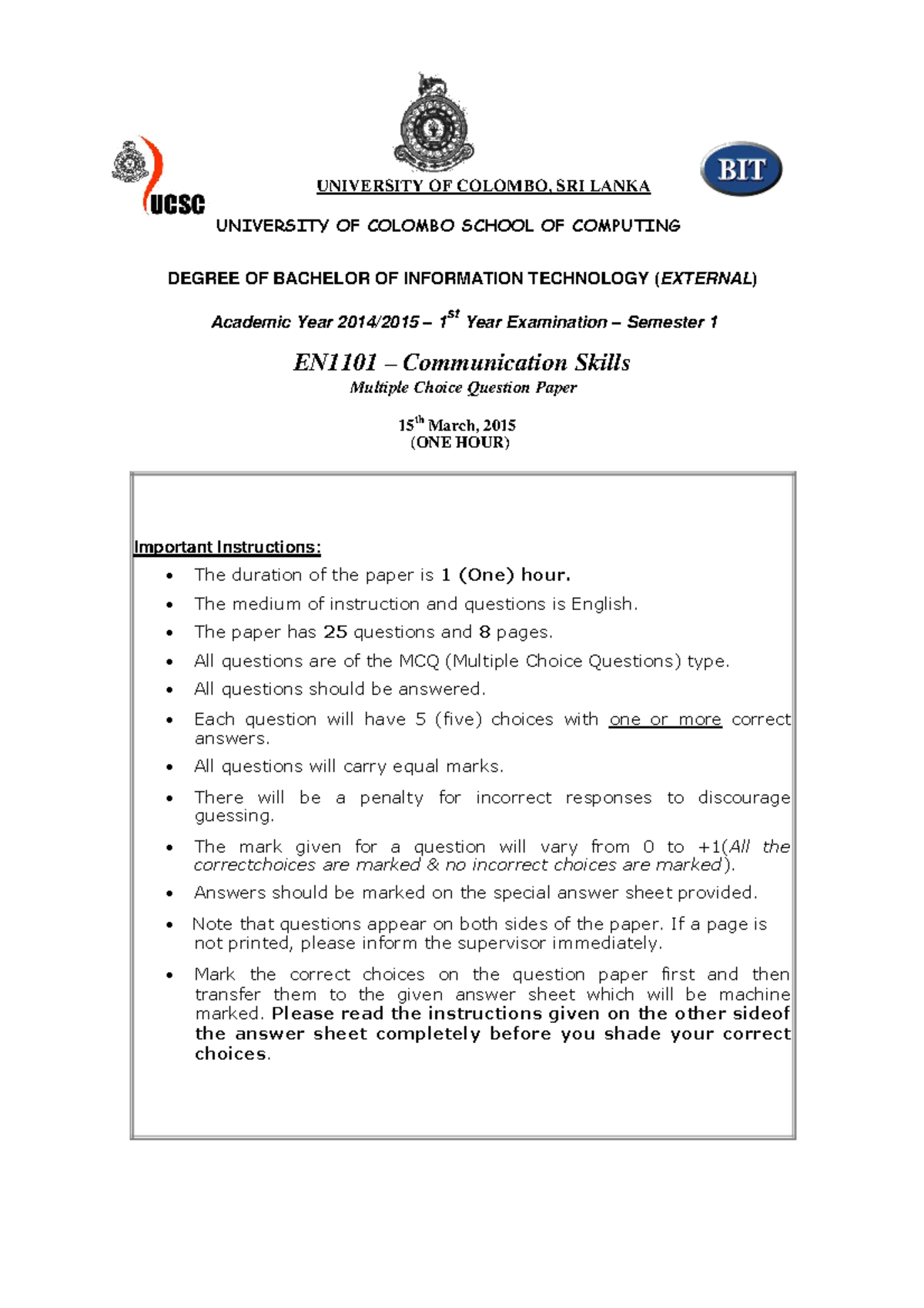 BIT EN1101 - Past Exam Papers on Communication Skills - Studocu