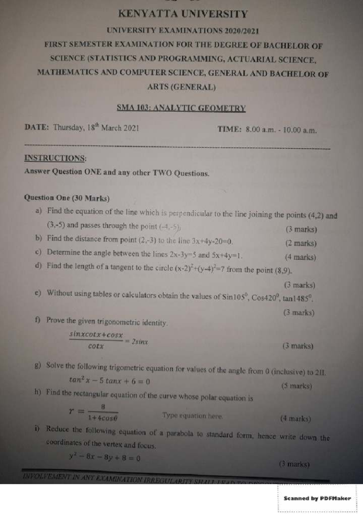 SMA 103: Analytic Geometry Exam Paper by Wanzala - Studocu