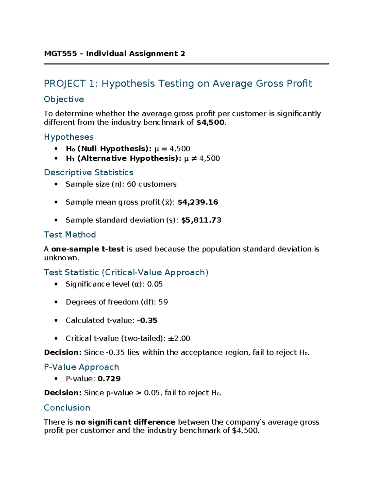 Mgt555 Individual Assignment 2: Hypothesis Testing on Gross Profit ...