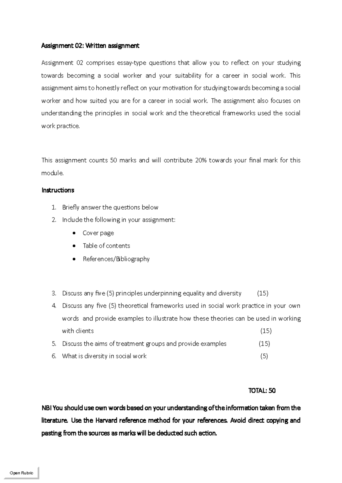 BSW1503 Assignment 02: Reflecting on Social Work Principles and ...