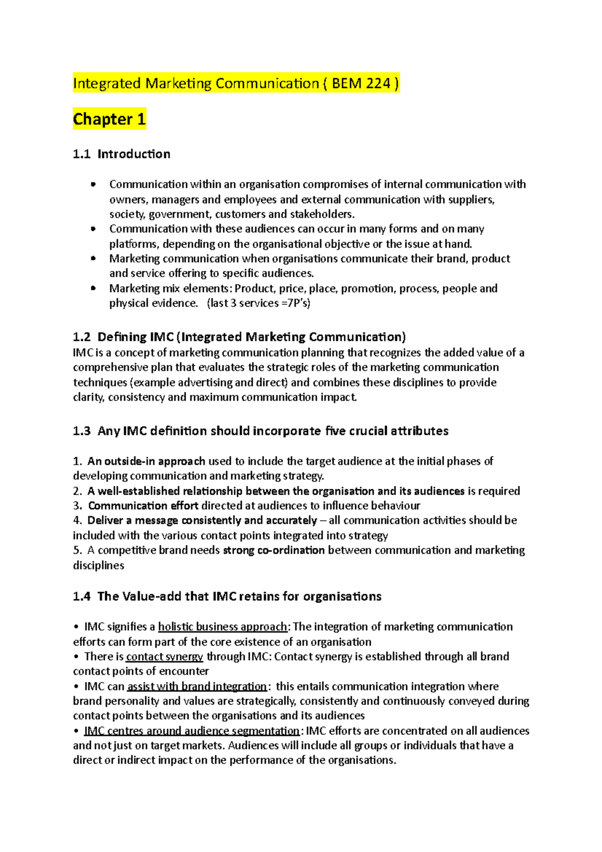 Integrated Marketing Communication (BEM 224) - Chapters 1 to 4 Overview ...