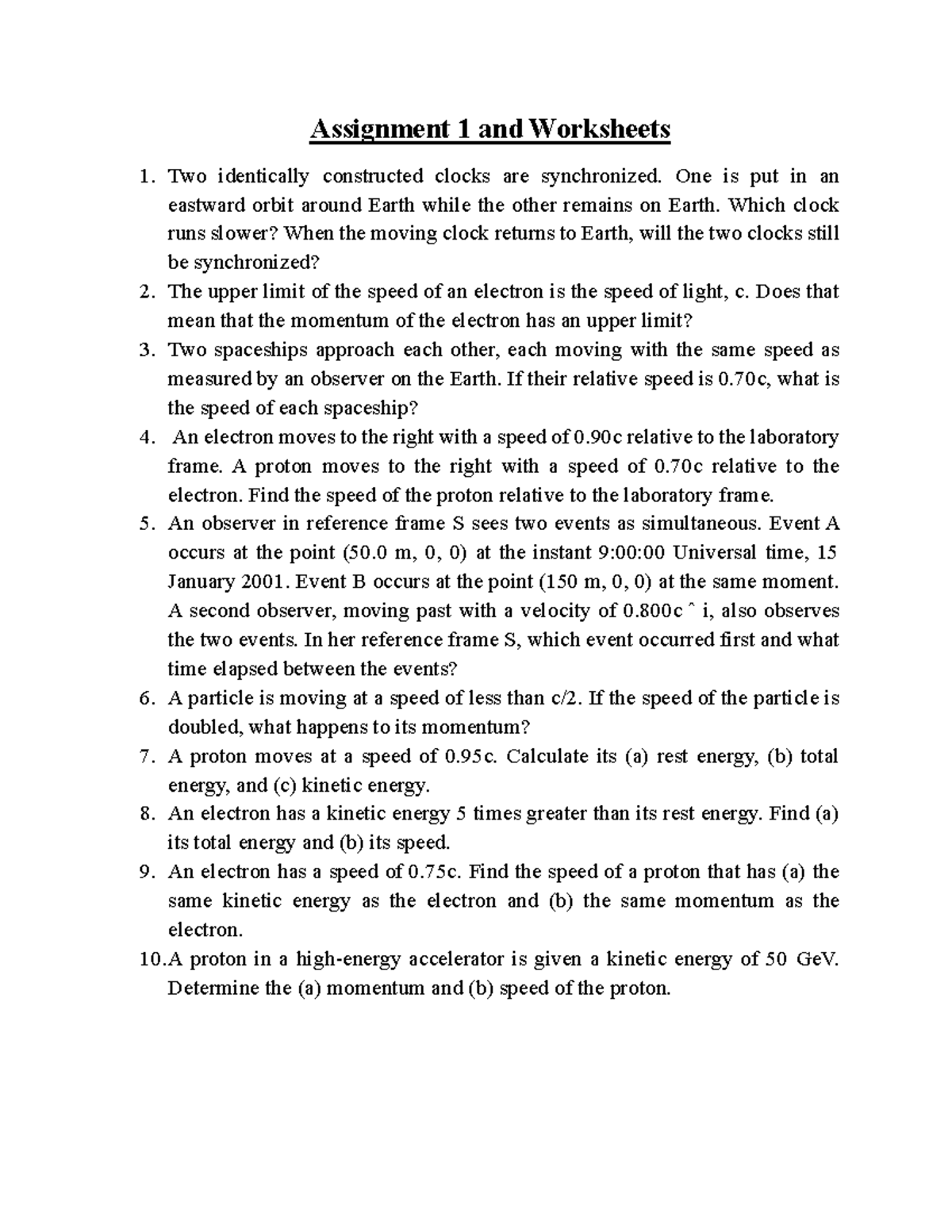 PHYS101: Assignment 1 & Worksheets on Relativity and Particle Physics ...