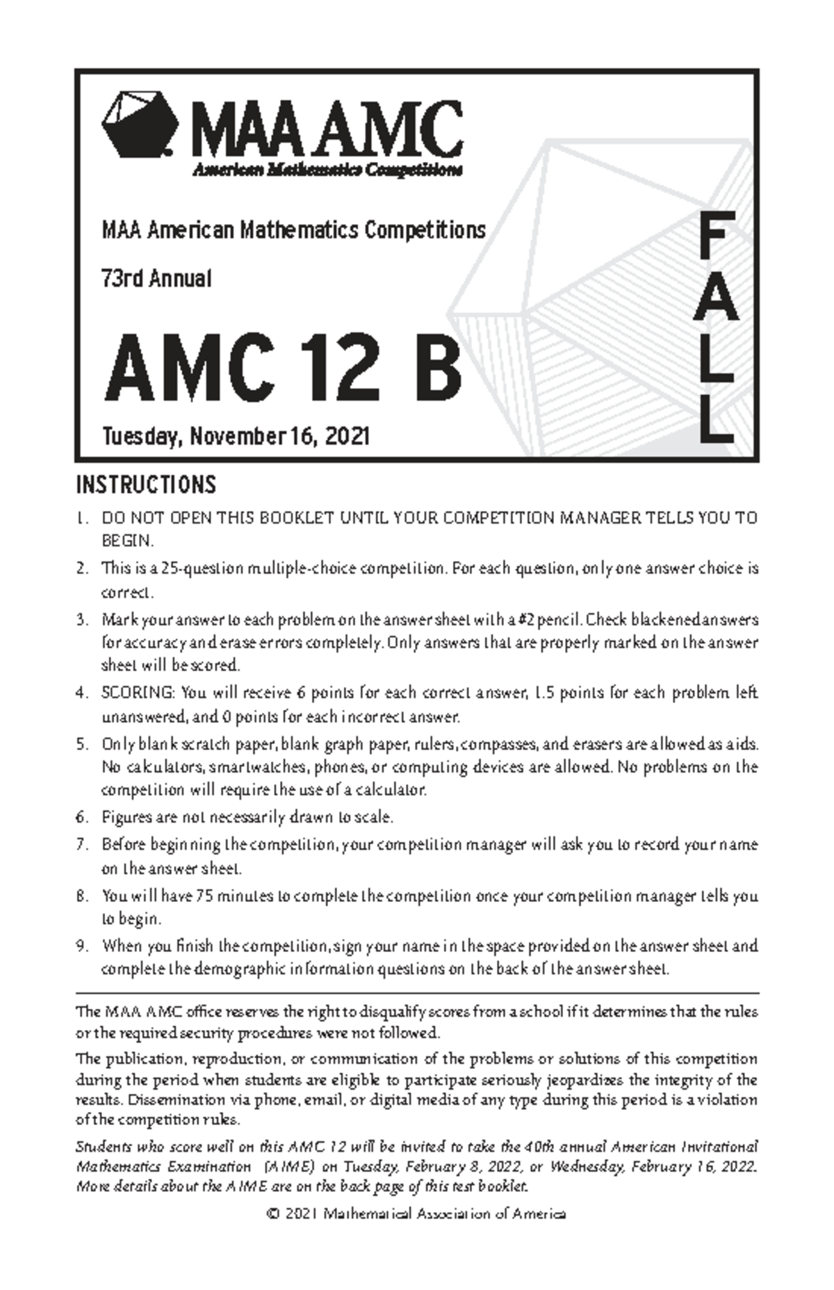 AMC 12B 2021 - American Mathematics Competition Instructions and ...