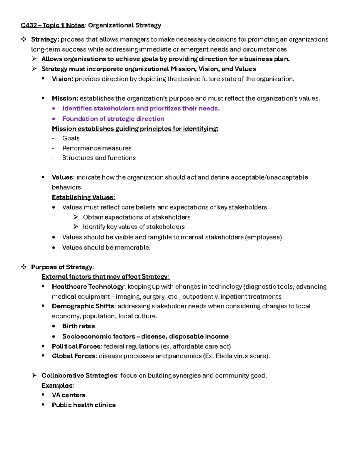 C432 Topic 1 Notes: Understanding Organizational Strategy and Its ...