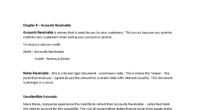 Chapter 8 Highlights - Accounts Receivable and Bad Debt Methods - Studocu