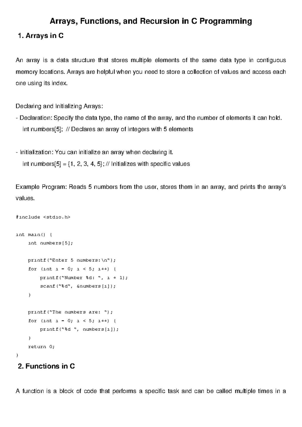 C Programming: Arrays, Functions, and Recursion Overview - Studocu