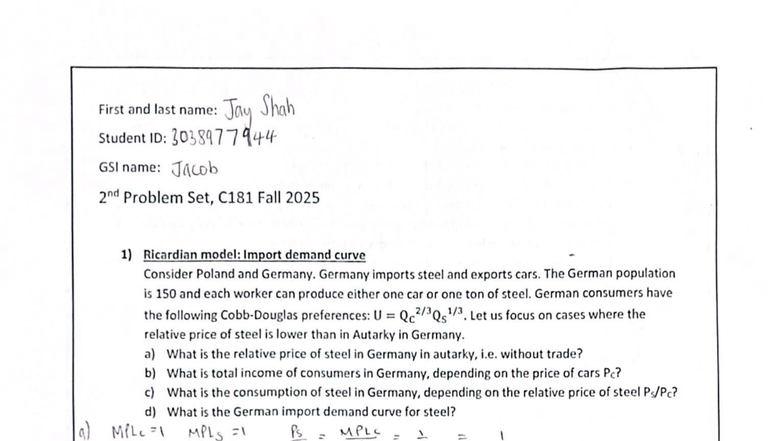 Problem Set 2: Ricardian Model Analysis - ECON C181 Fall 2025 - Studocu