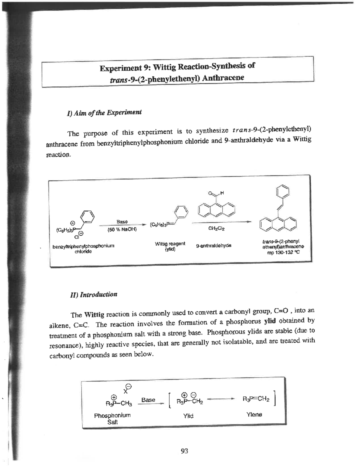 Wittig Reaction Lab Experiment 9: Synthesis of Anthracene - Studocu
