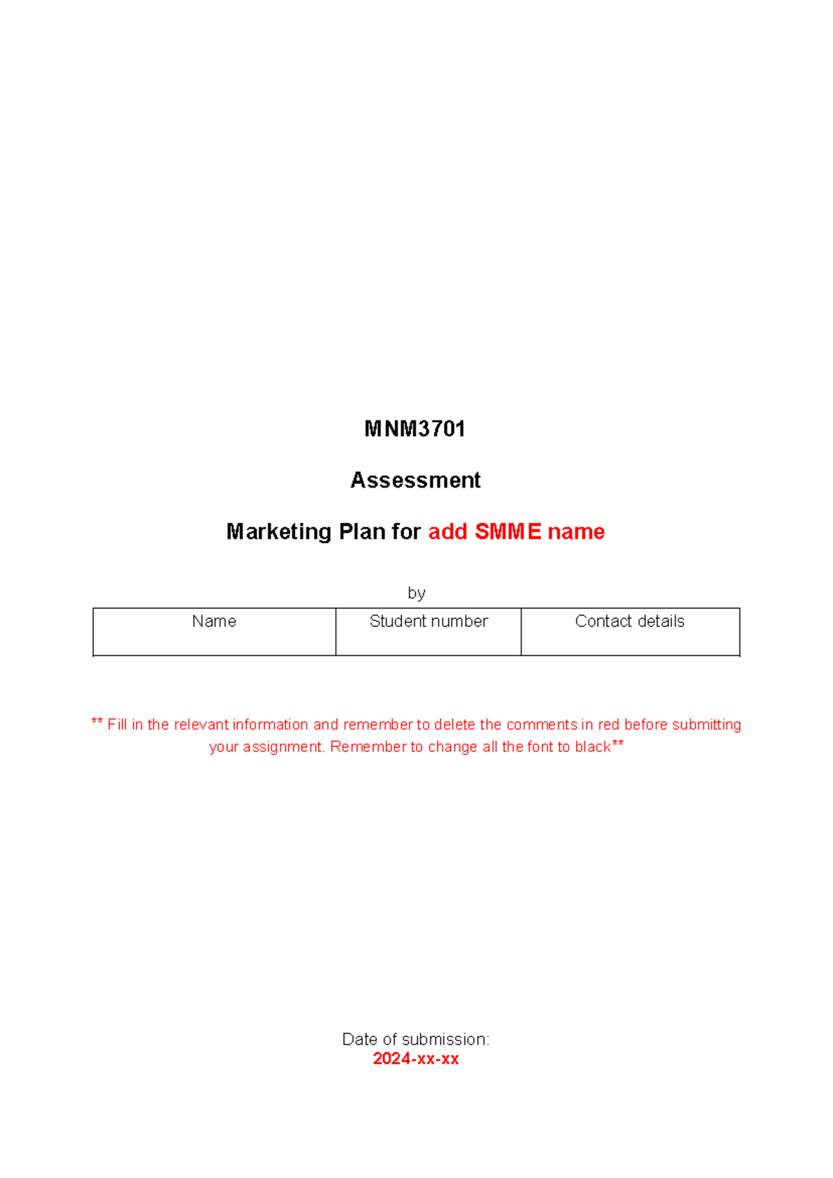 MNM3701 2024 S2 Marketing Plan Template for SMME Assessment - Studocu