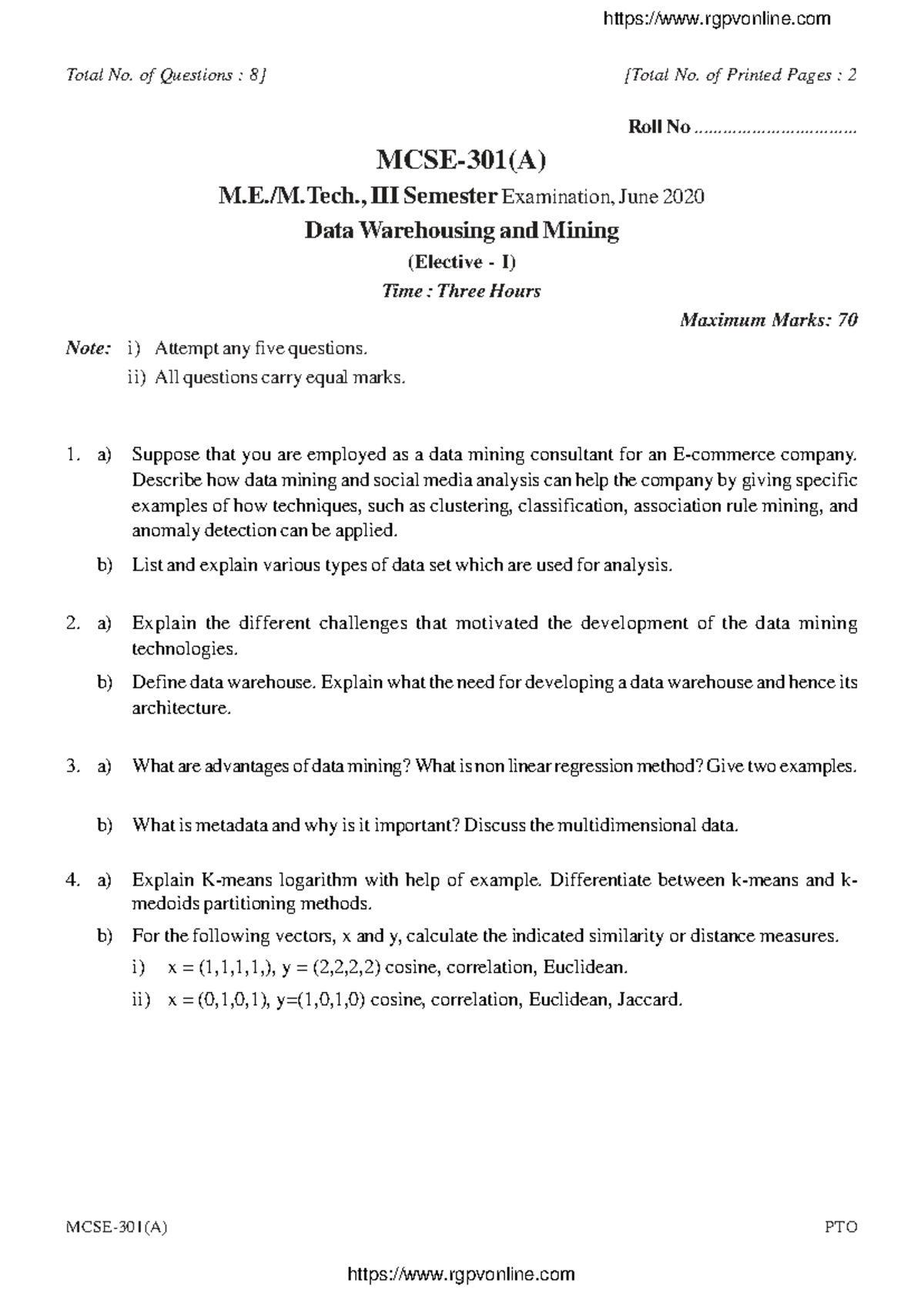 MCSE 301 Data Warehousing & Mining Exam Questions - June 2020 - Studocu