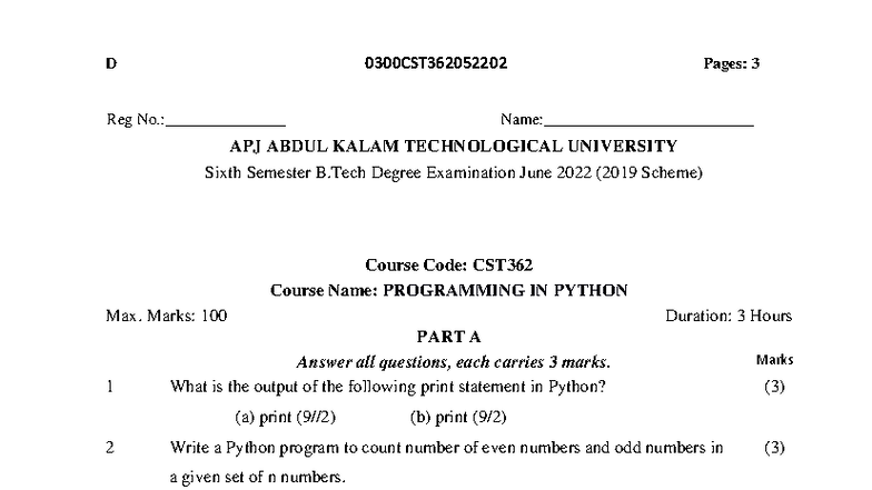 2022 June QP CST362 - Programming in Python Exam Questions - Studocu