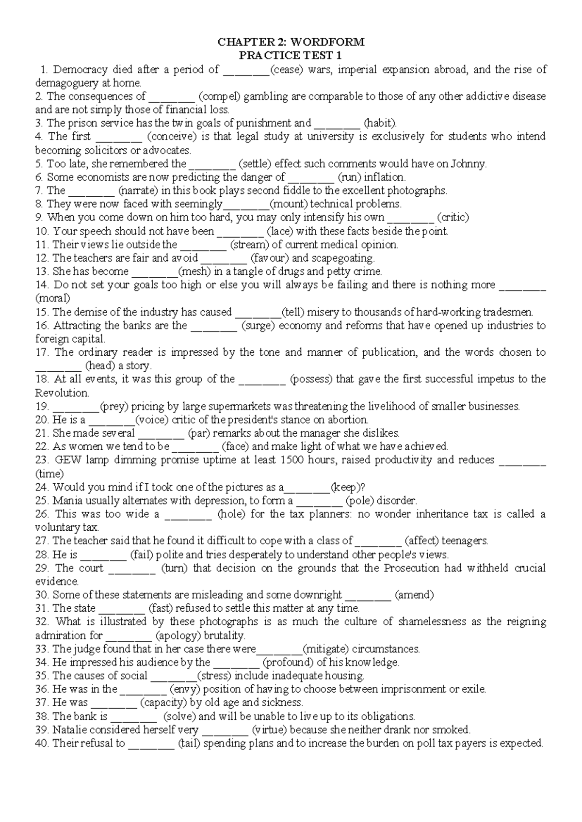 CHAPTER 2: WORD FORM PRACTICE TEST 1 - Studocu