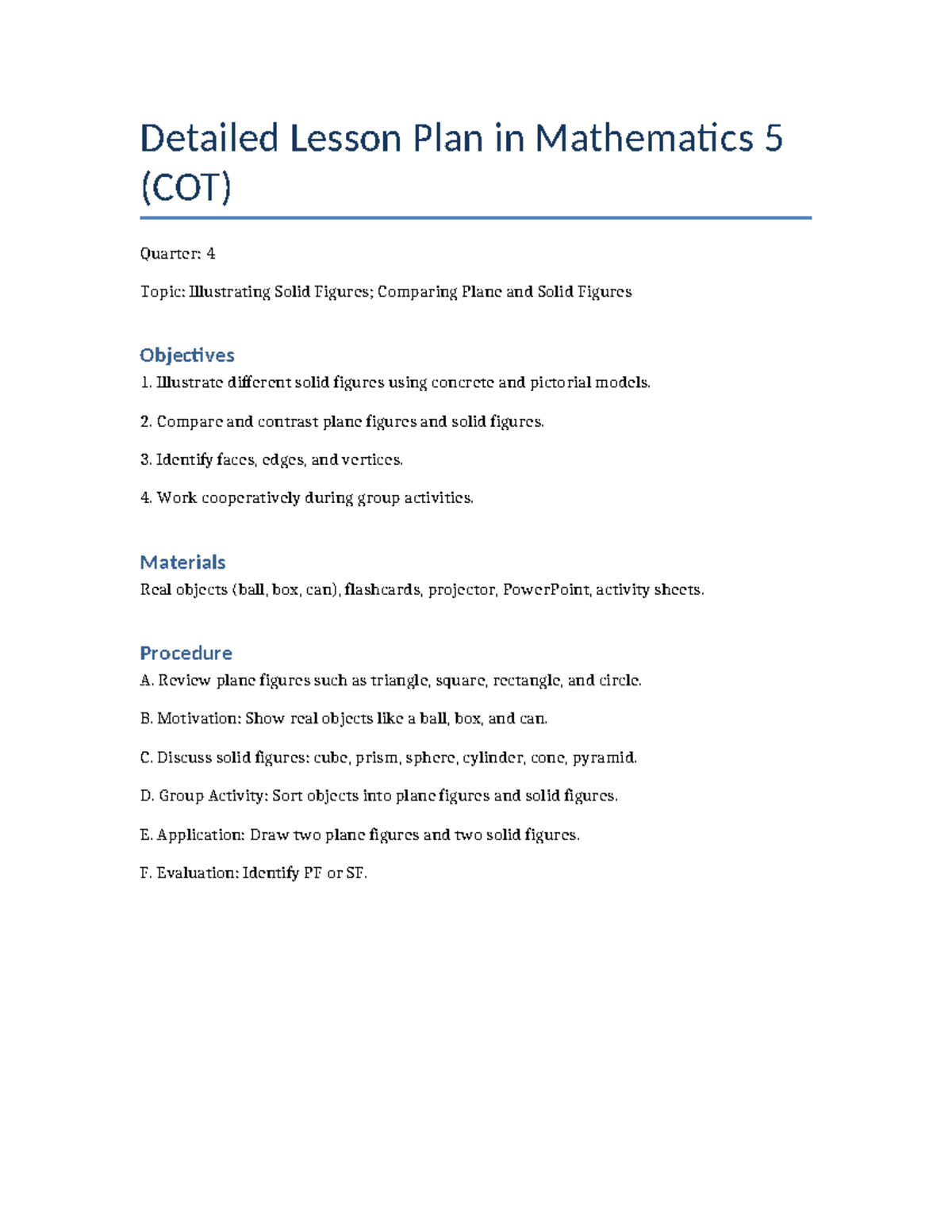 Math 5 COT Detailed Lesson Plan: Solid vs. Plane Figures - Studocu