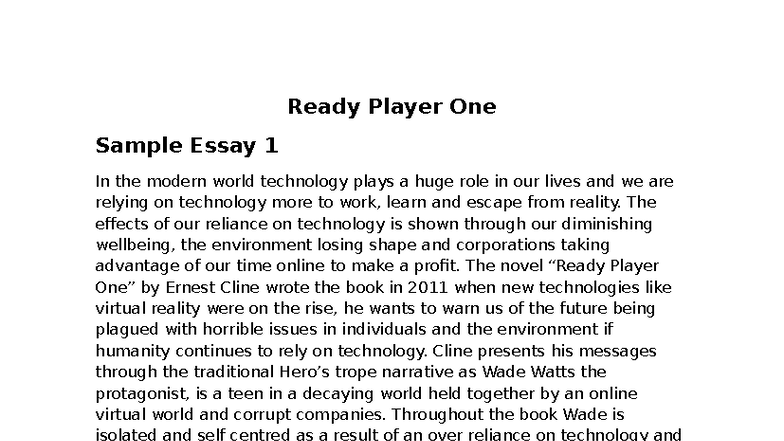 Ready Player One: Analyzing Technology's Impact - Sample Essays - Studocu