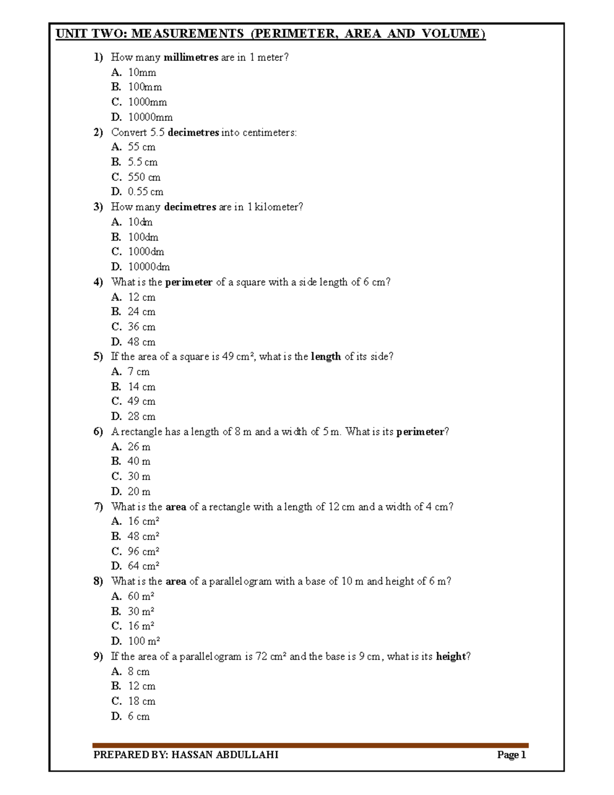 UNIT 2 Measurements - Assignment on Perimeter, Area, and Volume - Studocu