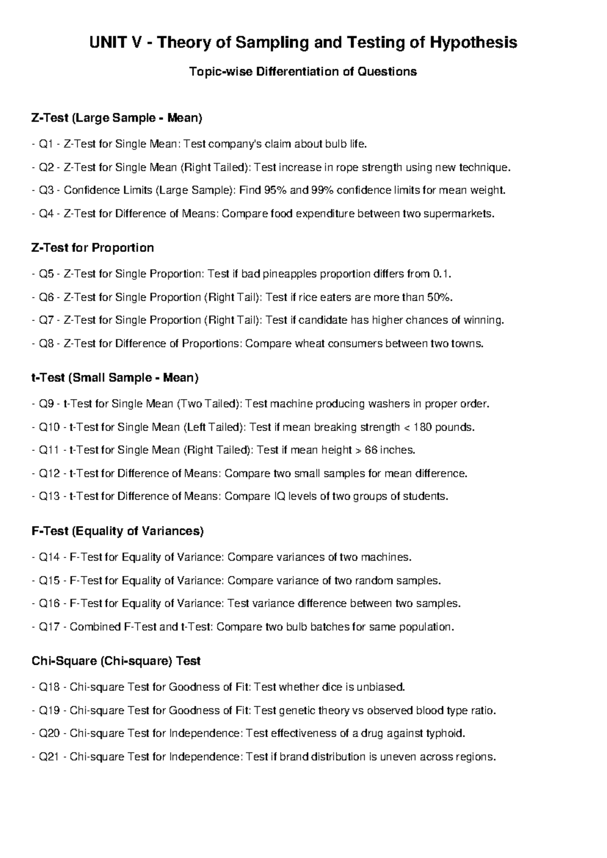 UNIT V Sampling & Hypothesis Testing Questions for Large Samples - Studocu