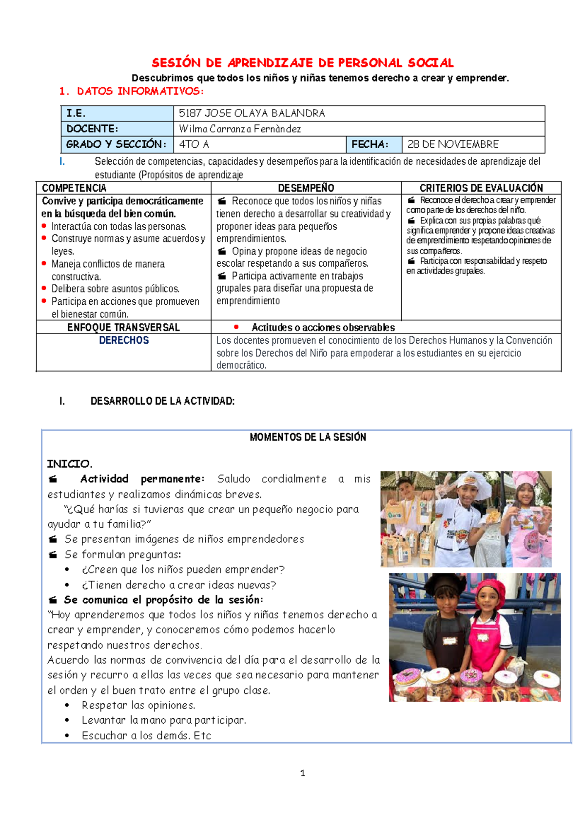 SESION DE APRENDIZAJE DE PERSONAL SOCIAL: Derecho a Crear y Emprender - Document Preview