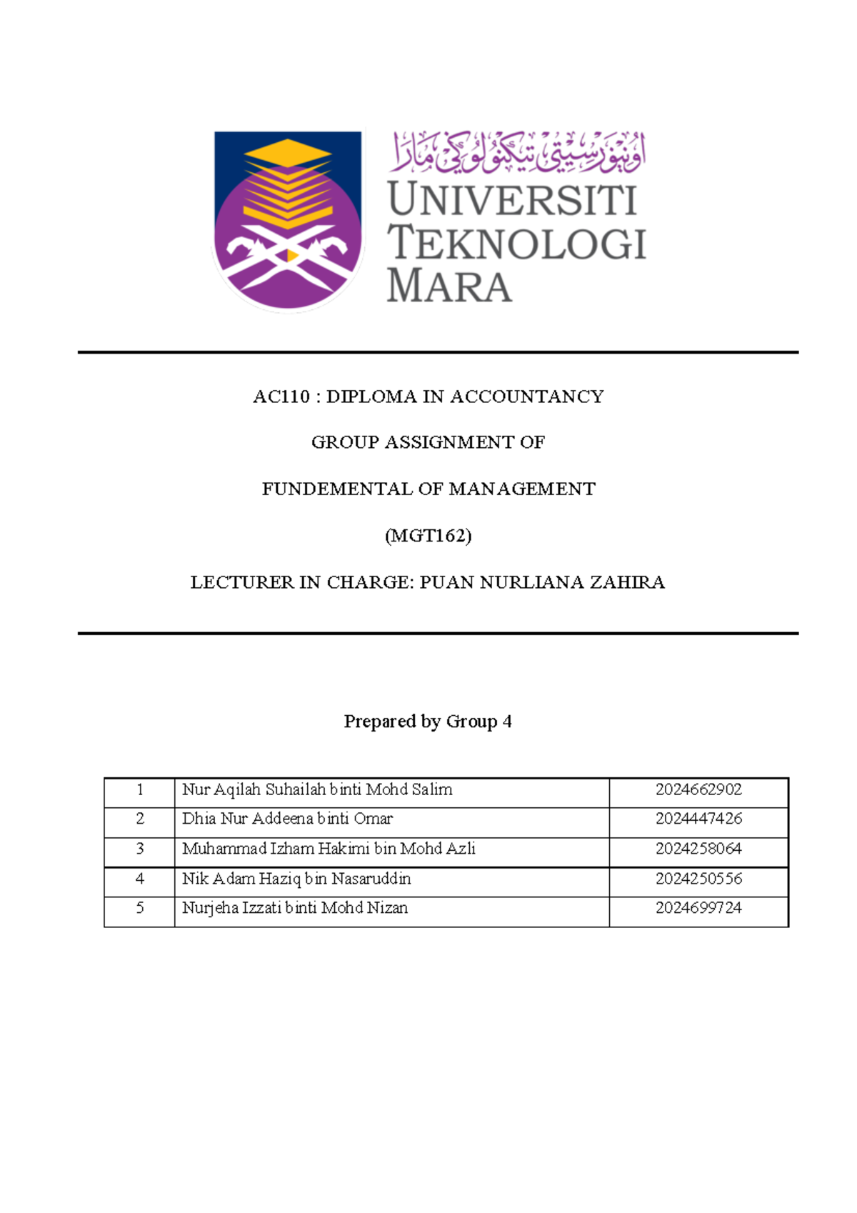 MGT GP Assignment complete - AC110 : DIPLOMA IN ACCOUNTANCY GROUP ...