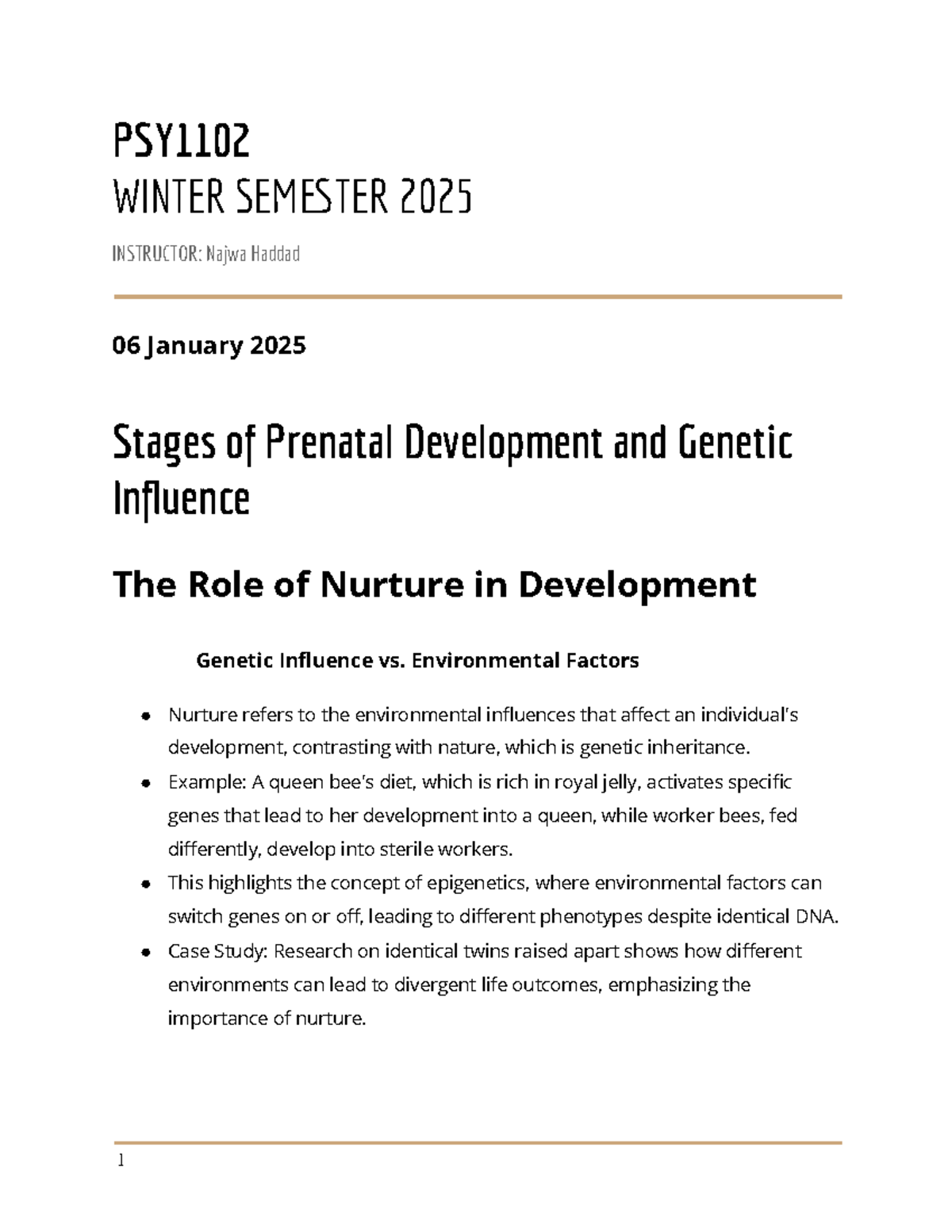 PSY1102 Lecture 1 Notes: Stages of Prenatal Development & Nurture - Studocu