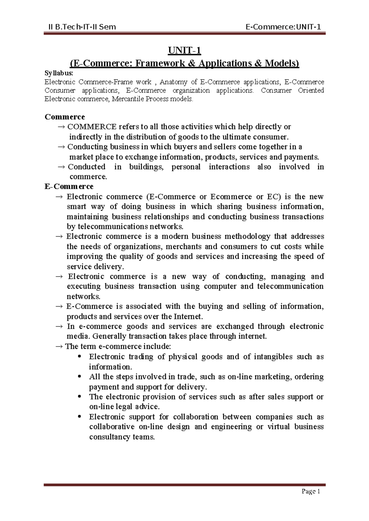 IT EC Unit 1 - Framework & Anatomy of E-Commerce Applications - Studocu