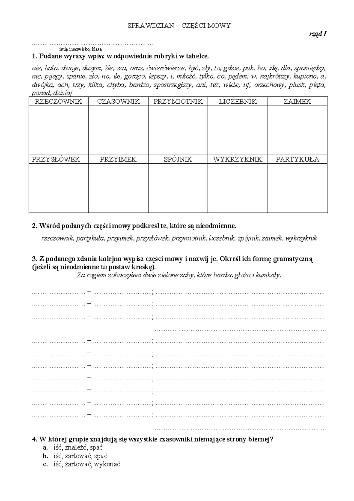 Sprawdzian Z Polskiego Części Mowy 2 Gimnazjum www.studocu.com