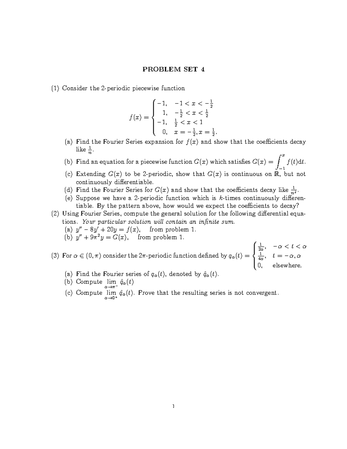 Fourier Series Problem Set 4: Piecewise Functions and Solutions - Studocu