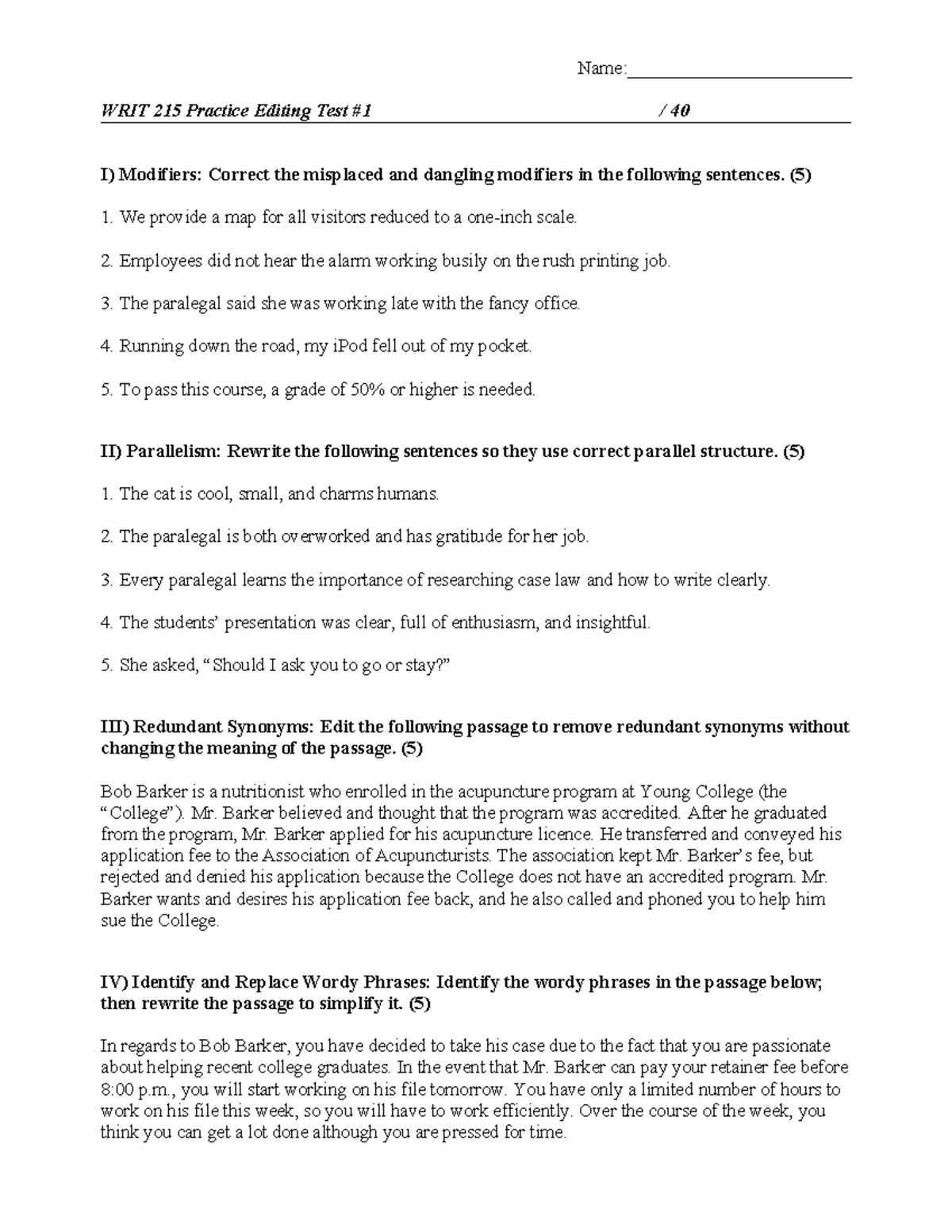 WRIT 215 Practice Editing Test #1 - Name:________________________ WRIT ...