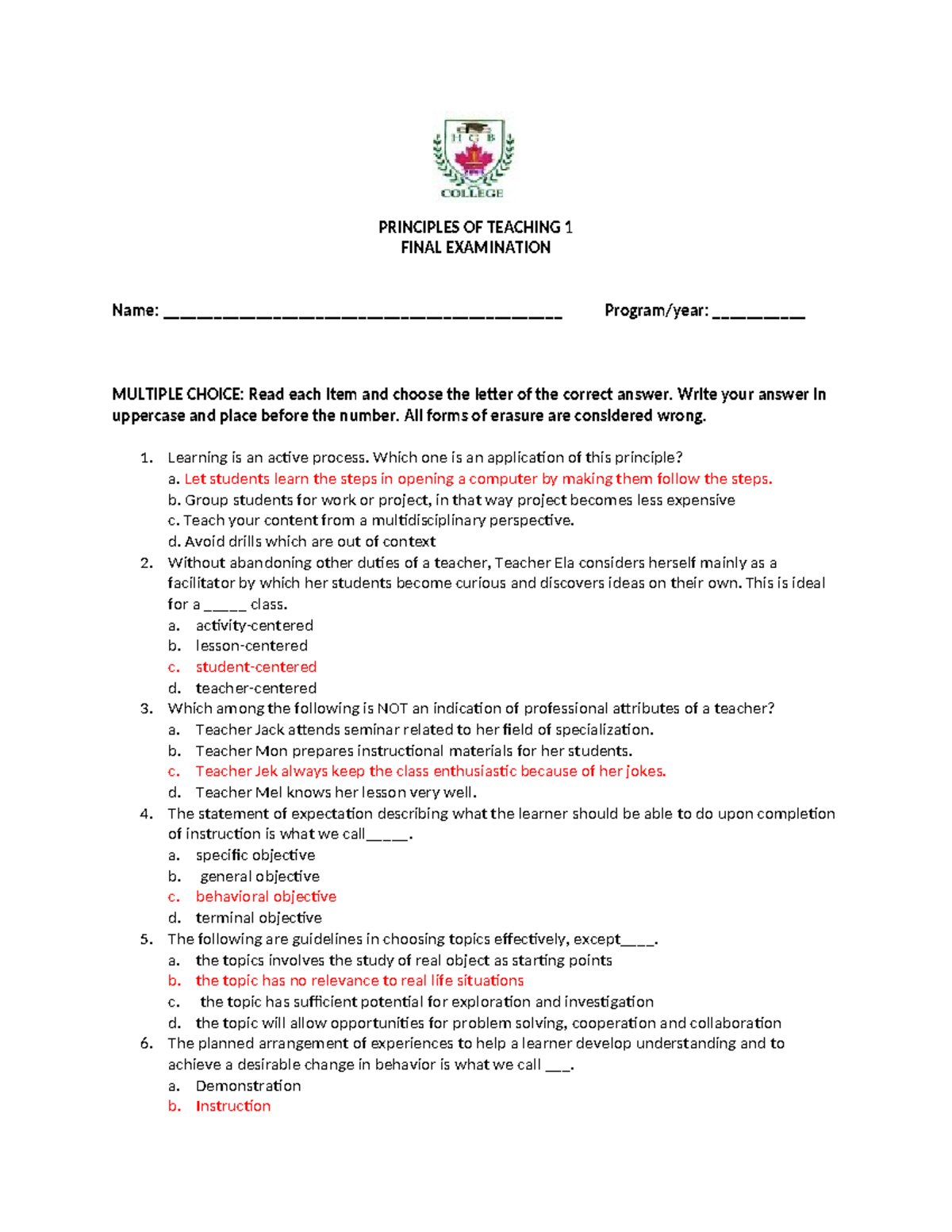 Principles of teaching exam - PRINCIPLES OF TEACHING 1 FINAL ...