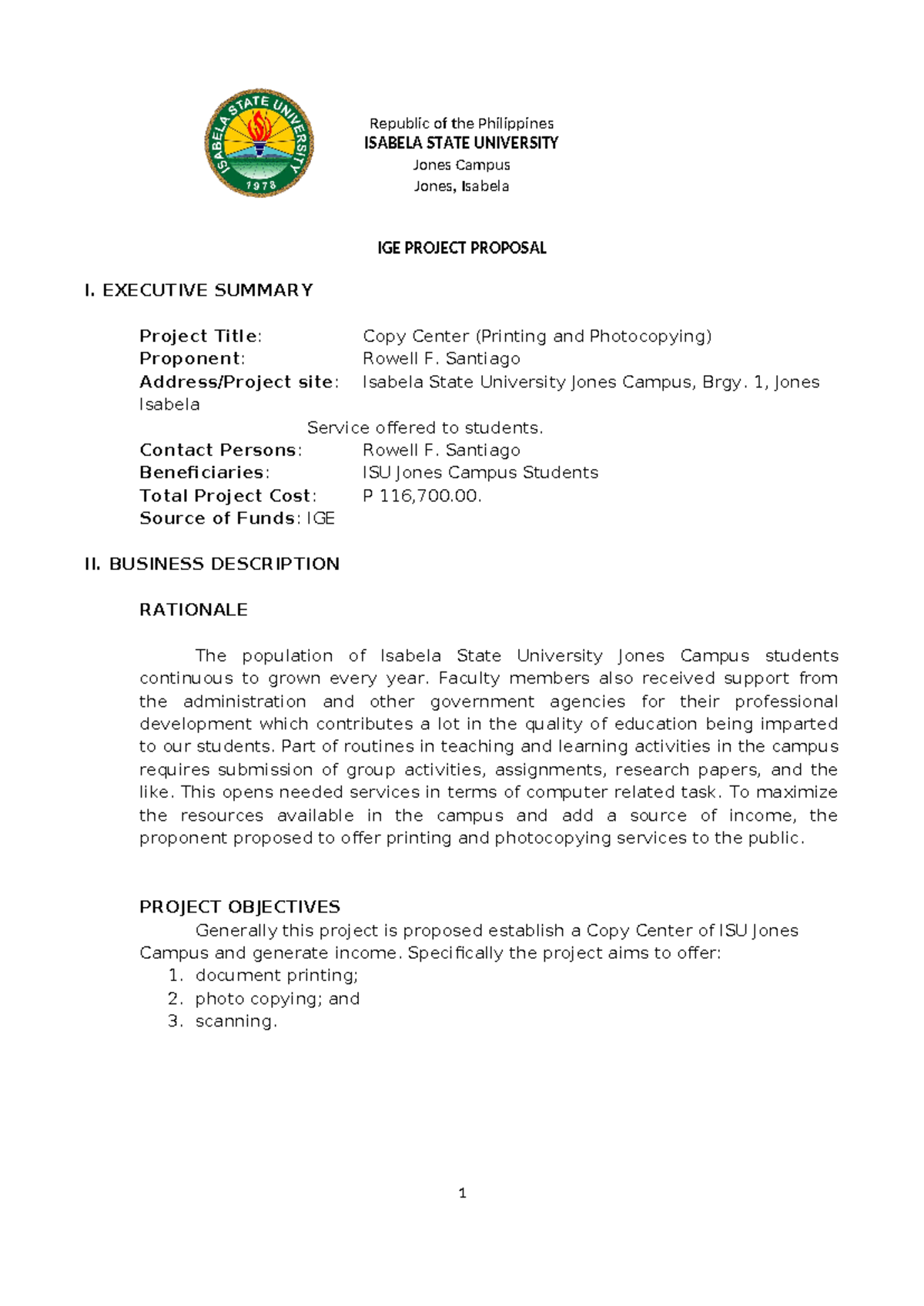IGE Project Proposal: Establishing a Copy Center at ISU Jones Campus ...