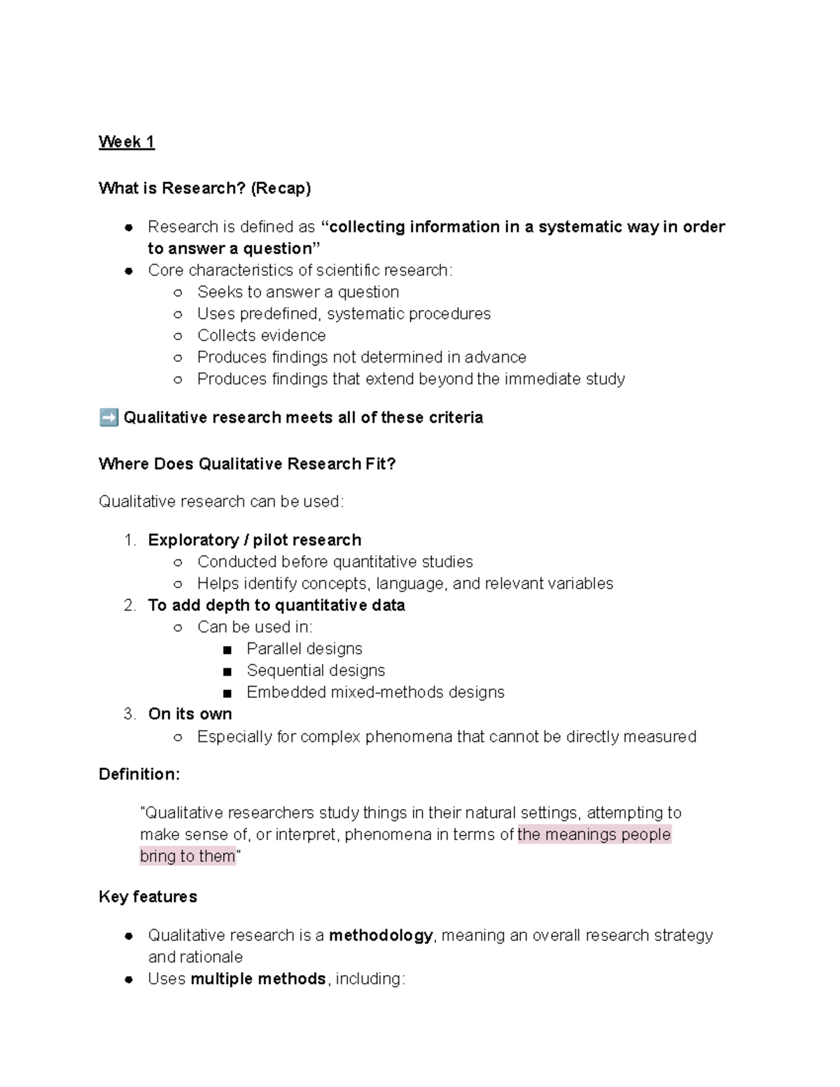 Qualitative Research Overview: Week 1 Lecture Notes (2800) - Studocu