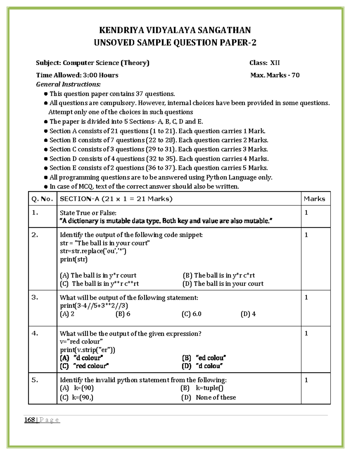 Unsolved Sample Question Paper: Computer Science (Theory) Class XII ...