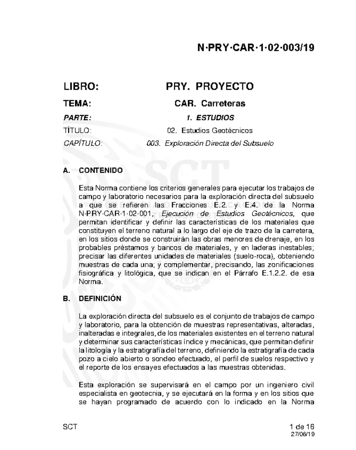 N PRY CAR 1 02 003 - Exploración Directa del Subsuelo en Carreteras ...