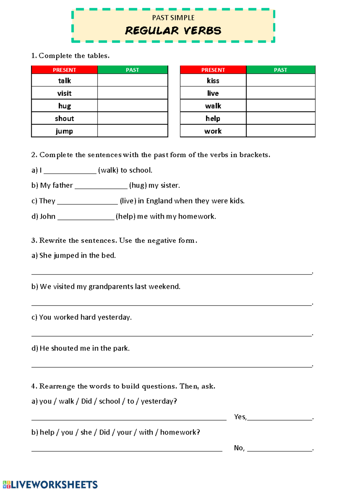 Past Simple Regular Verbs Exercise 1: Tables & Sentences - Studocu