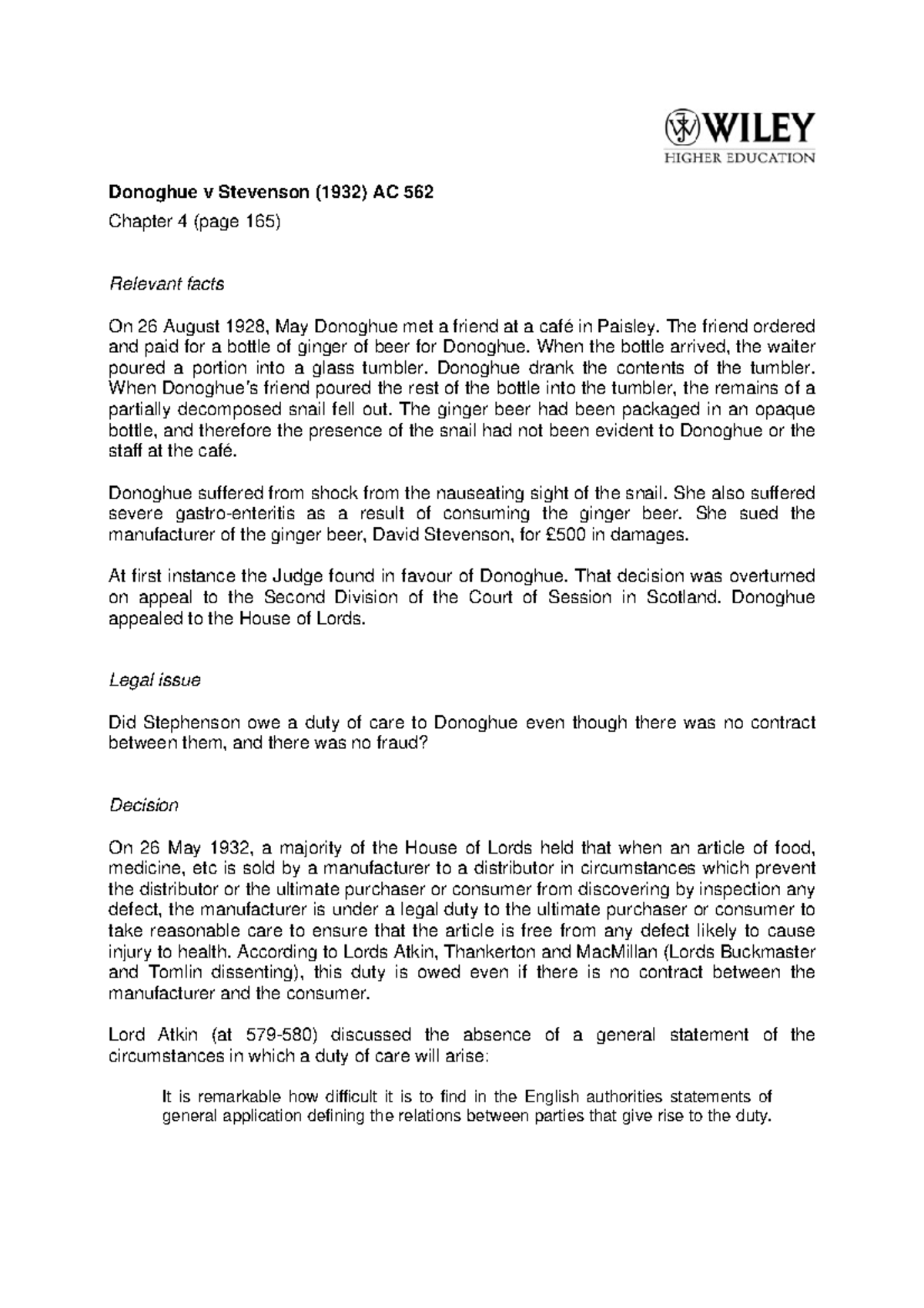 Donoghue vs stevenson - Practice Notes - Donoghue v Stevenson (1932) AC ...