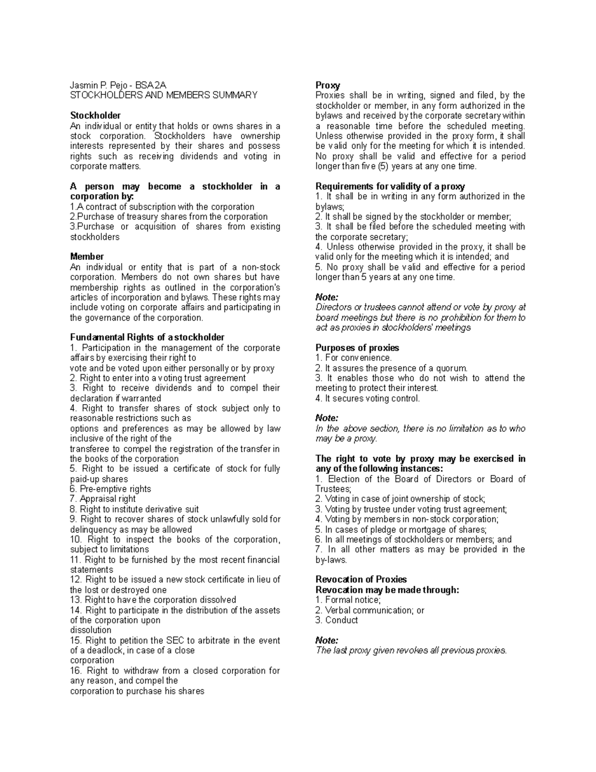 BSA 2A Final Exam Notes: Stockholders and Members Summary - Studocu