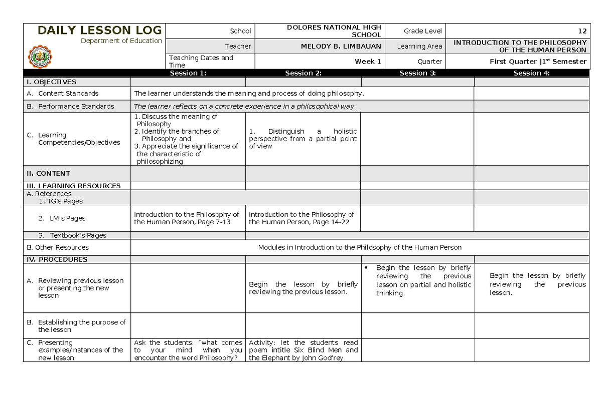 DLL Philosophy Q1: Weekly Lesson Log for Grade 12 Intro to Philosophy - Studocu