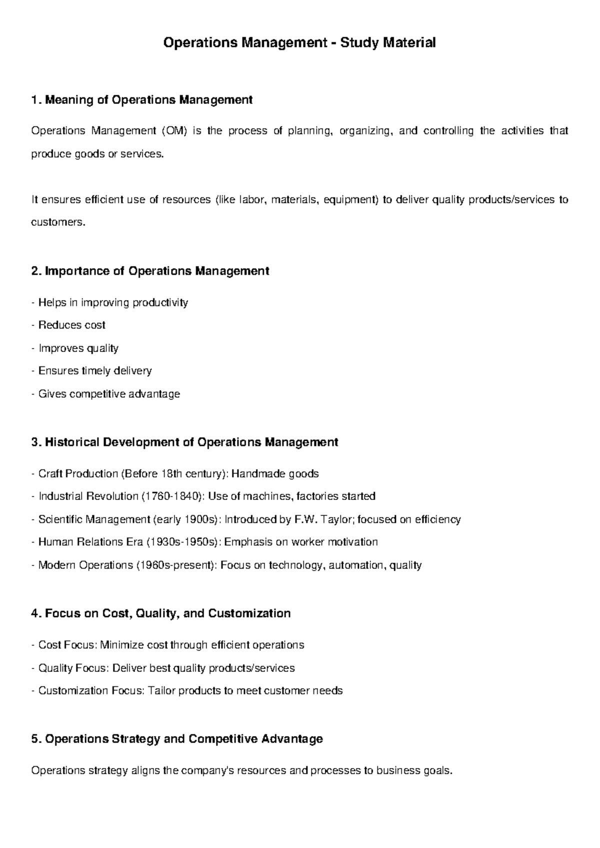 Operations Management Study Material 2: Key Concepts & Strategies - Studocu