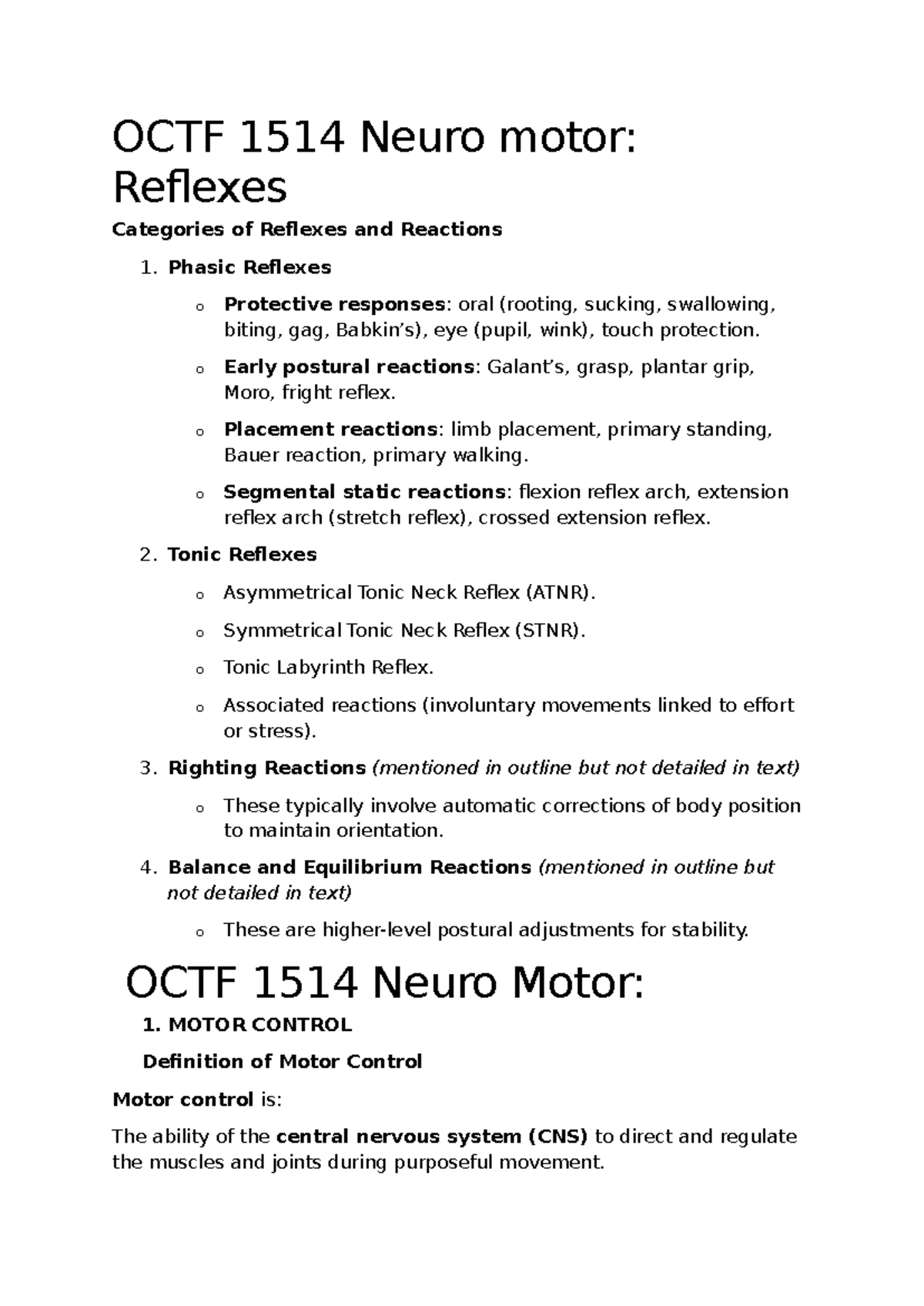 OCTF 1514 Neuro Motor: Reflexes, Motor Control, and Balance Summary ...