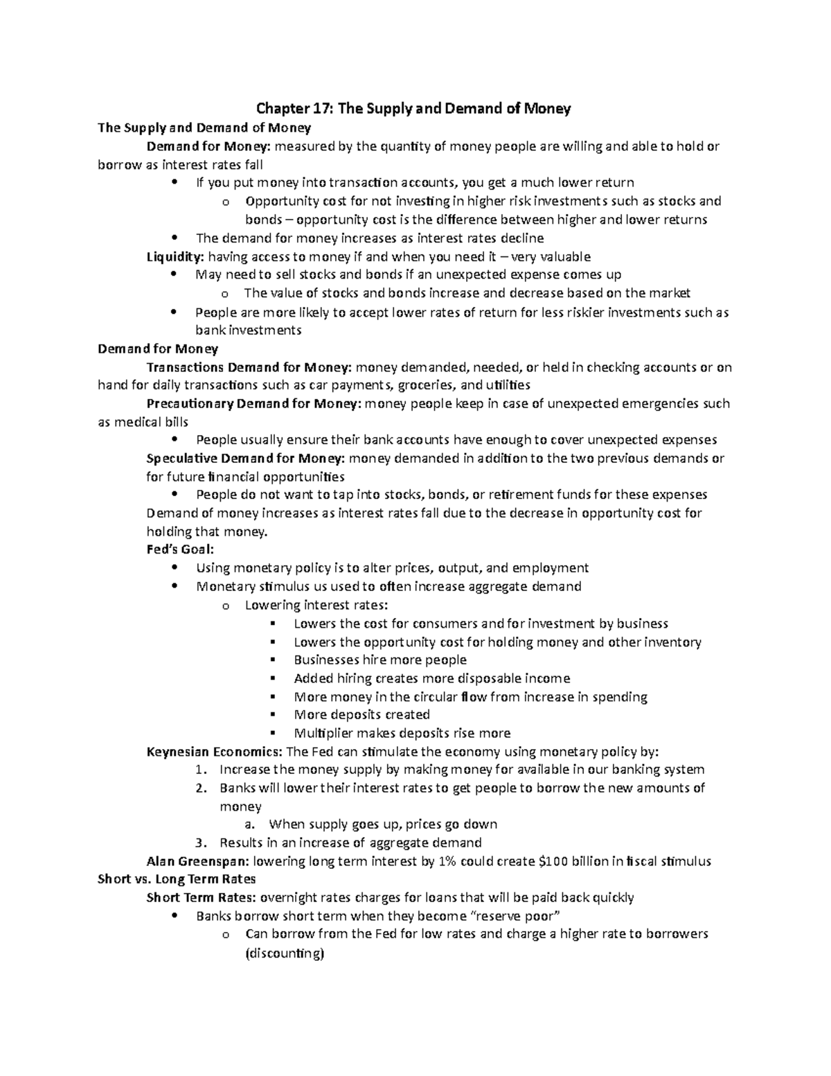 Macroeconomics - Chapter 17 Notes - Chapter 17: The Supply and Demand ...