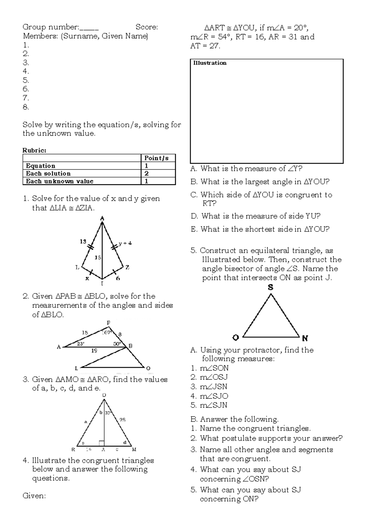 Group Work: Solving Congruent Triangles Equations and Measurements ...