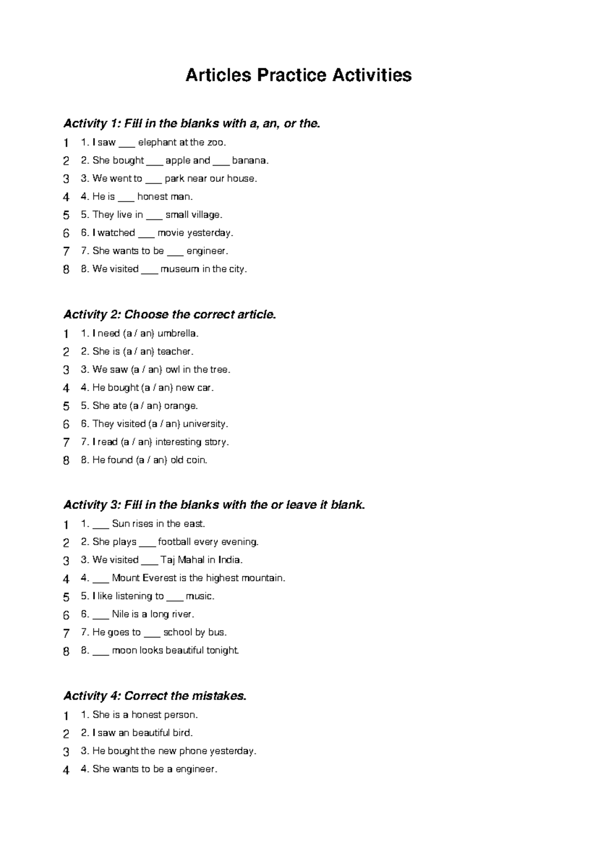 Articles Practice Activities: Fill in the Blanks & Corrections - Studocu