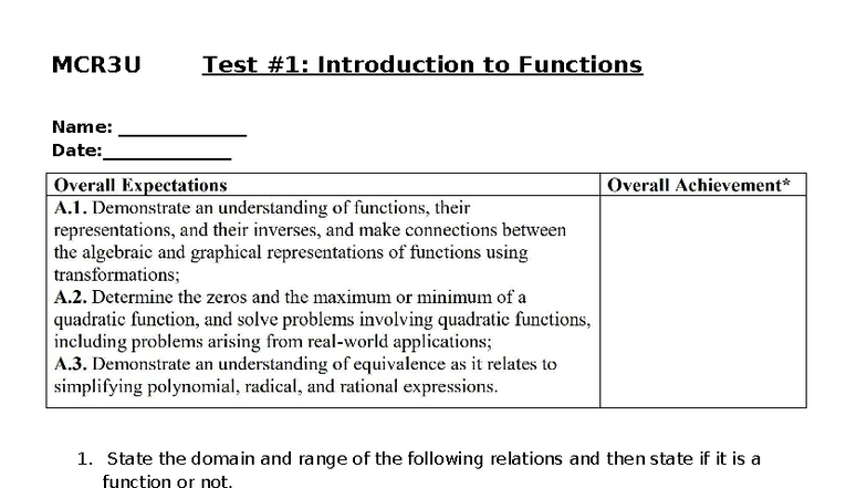 MCR3U Unit 1 Test - Introduction to Functions Analysis - Studocu